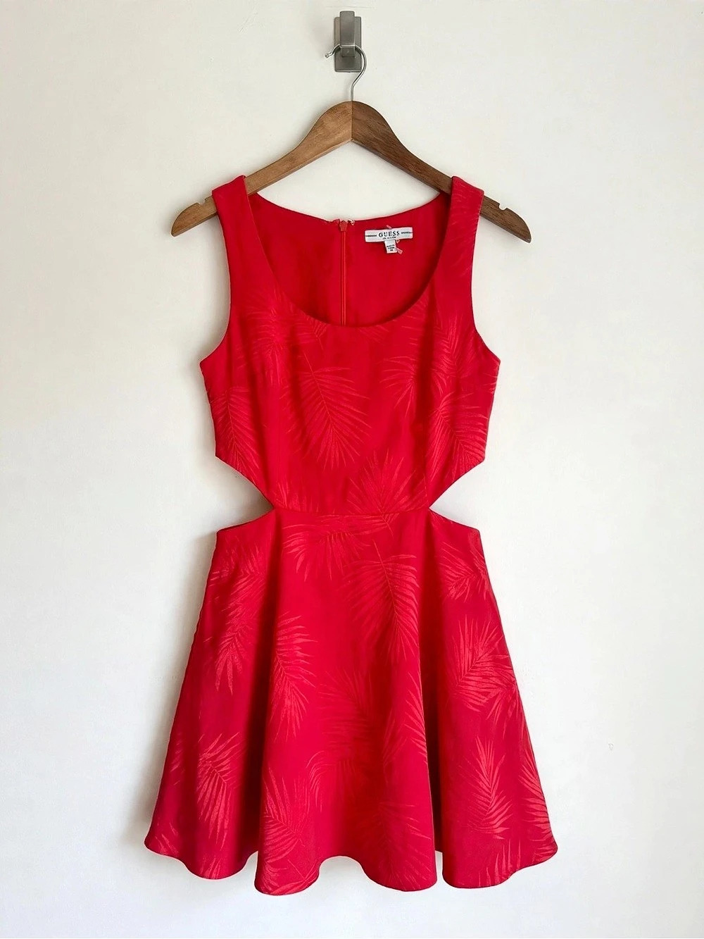 GUESS Bright Red Dress Size M Side Cutouts Palm Jacquard Mini